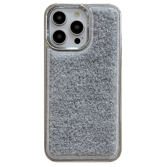For iPhone 15 Pro Max Case Towel Felt Design TPU Electroplating Phone Cover - Grey - 1