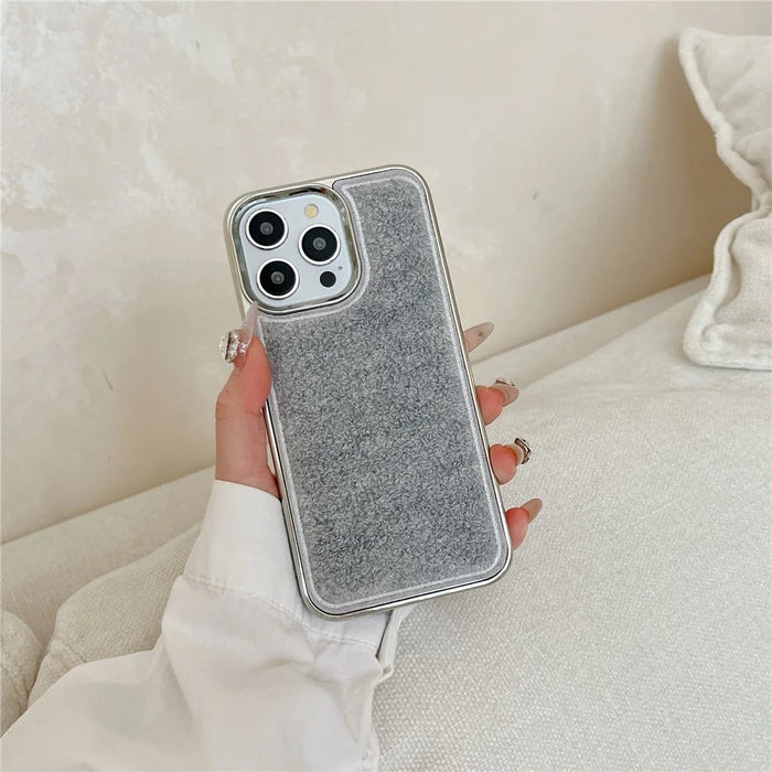 For iPhone 15 Pro Max Case Towel Felt Design TPU Electroplating Phone Cover - Grey - 2