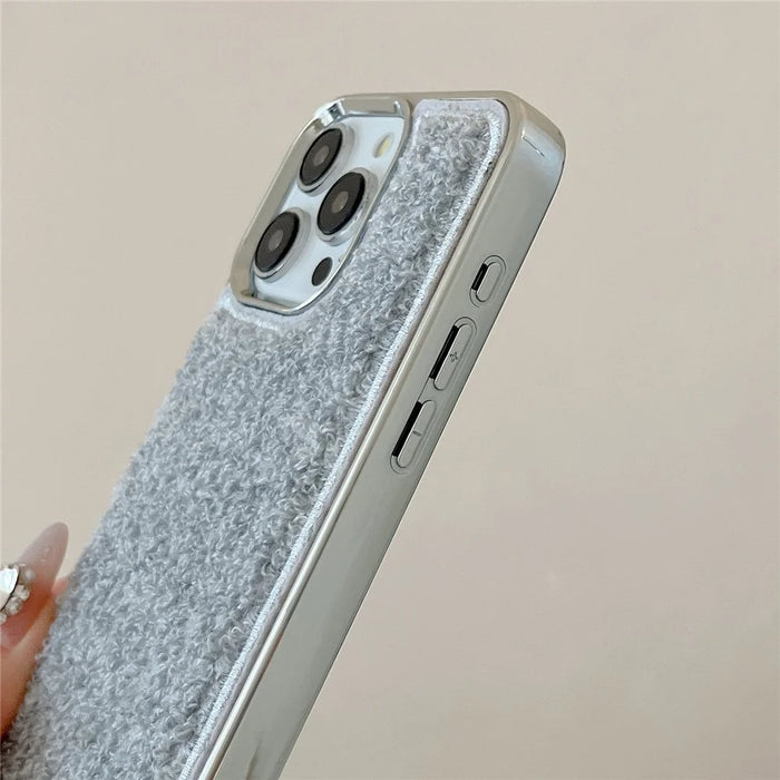 For iPhone 15 Pro Max Case Towel Felt Design TPU Electroplating Phone Cover - Grey - 4