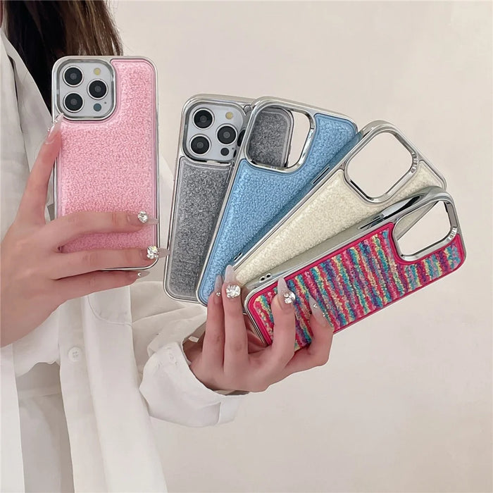 For iPhone 15 Pro Max Case Towel Felt Design TPU Electroplating Phone Cover - Grey - 7