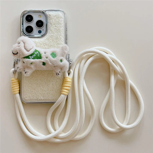 For iPhone 15 Pro Max Case Towel Felt Design TPU Electroplating Phone Cover with Phone Clip Lanyard - White - 1
