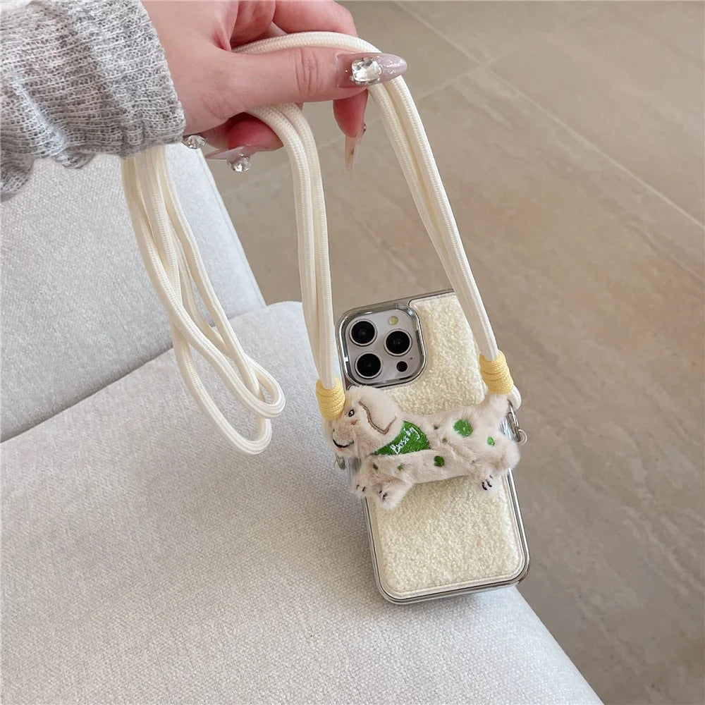 For iPhone 15 Pro Max Case Towel Felt Design TPU Electroplating Phone Cover with Phone Clip Lanyard - White - 3