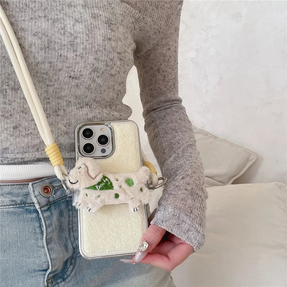 For iPhone 15 Pro Max Case Towel Felt Design TPU Electroplating Phone Cover with Phone Clip Lanyard - White - 4