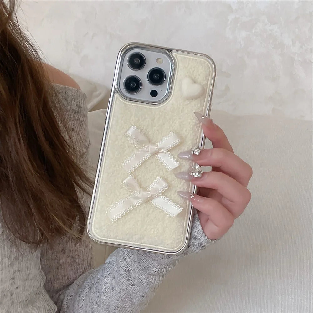 For iPhone 15 Pro Max Case Heart Bows Towel Felt Texture TPU Electroplating Phone Cover - White - 2