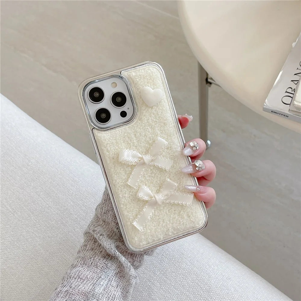 For iPhone 15 Pro Max Case Heart Bows Towel Felt Texture TPU Electroplating Phone Cover - White - 3