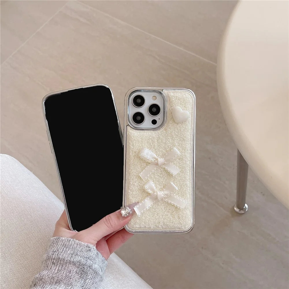 For iPhone 15 Pro Max Case Heart Bows Towel Felt Texture TPU Electroplating Phone Cover - White - 4