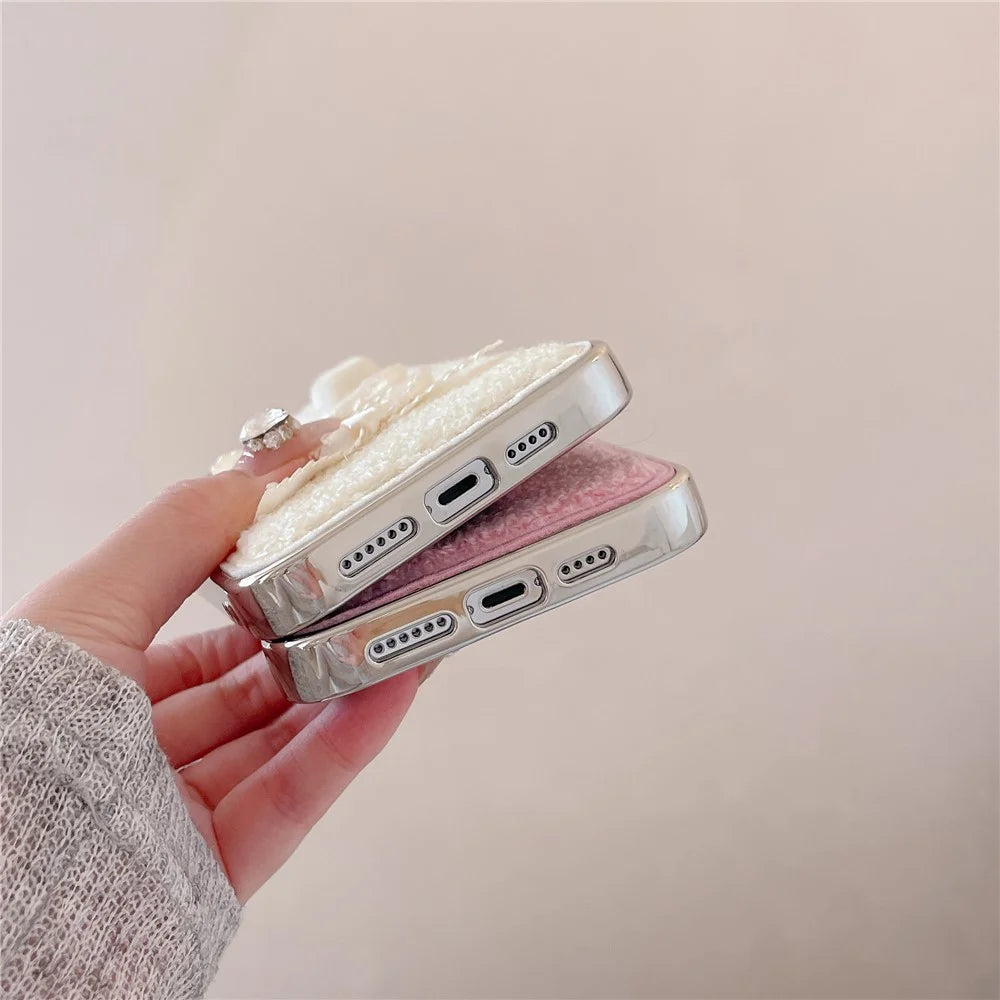 For iPhone 15 Pro Max Case Heart Bows Towel Felt Texture TPU Electroplating Phone Cover - White - 5
