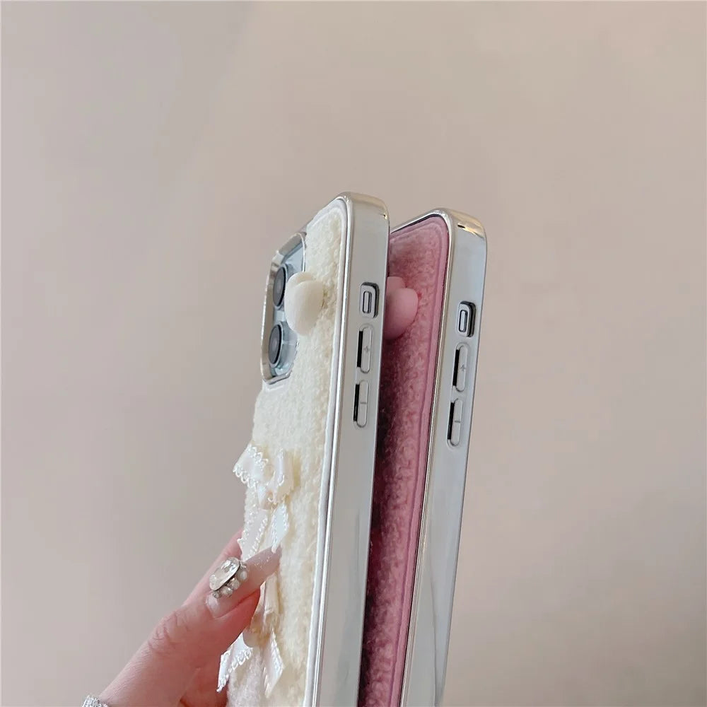 For iPhone 15 Pro Max Case Heart Bows Towel Felt Texture TPU Electroplating Phone Cover - White - 6