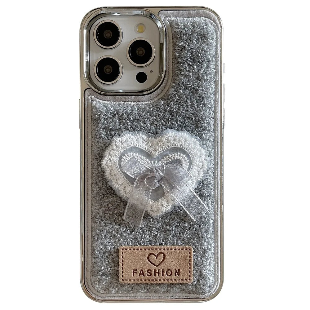 For iPhone 15 Pro Max Case 3D Lace Heart Towel Felt Texture TPU Electroplating Phone Cover - Grey - 1
