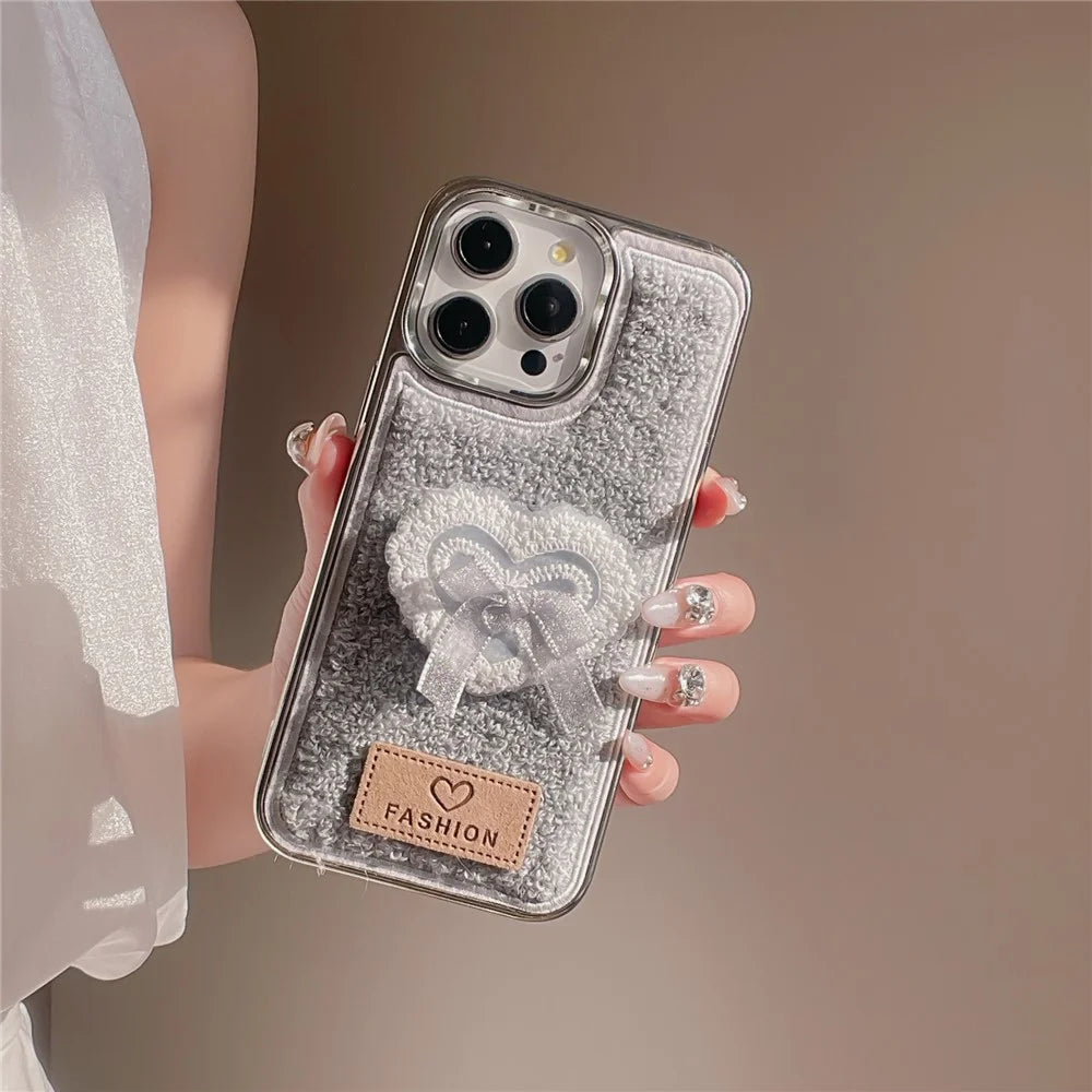 For iPhone 15 Pro Max Case 3D Lace Heart Towel Felt Texture TPU Electroplating Phone Cover - Grey - 2