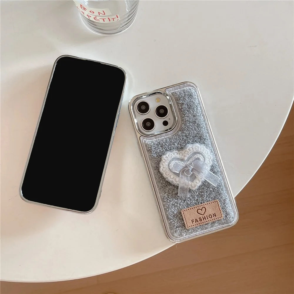 For iPhone 15 Pro Max Case 3D Lace Heart Towel Felt Texture TPU Electroplating Phone Cover - Grey - 3