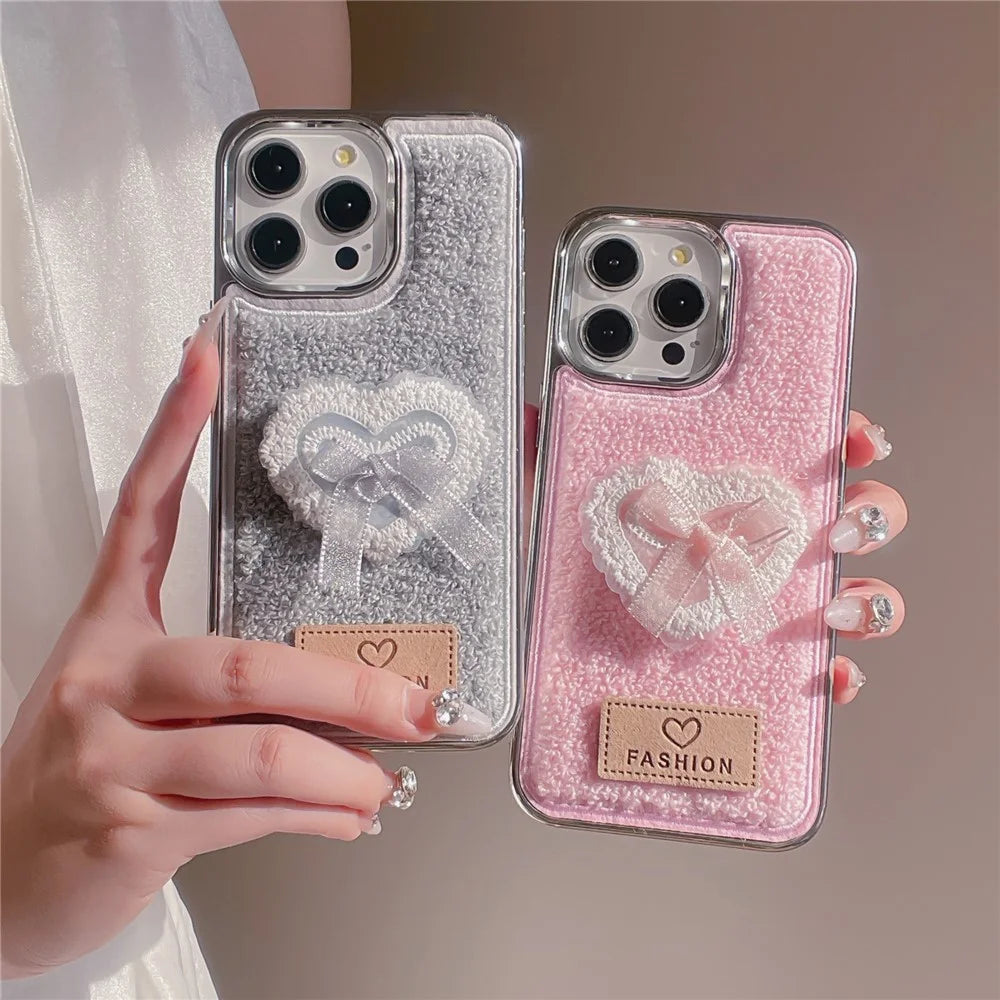 For iPhone 15 Pro Max Case 3D Lace Heart Towel Felt Texture TPU Electroplating Phone Cover - Grey - 4