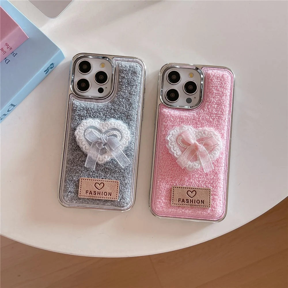 For iPhone 15 Pro Max Case 3D Lace Heart Towel Felt Texture TPU Electroplating Phone Cover - Grey - 5
