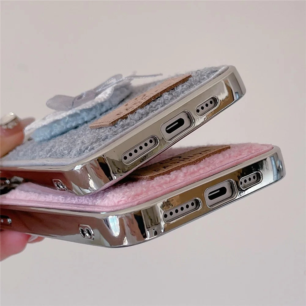 For iPhone 15 Pro Max Case 3D Lace Heart Towel Felt Texture TPU Electroplating Phone Cover - Grey - 6