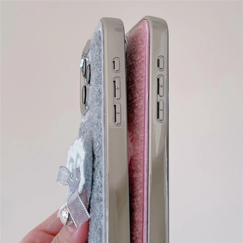 For iPhone 15 Pro Max Case 3D Lace Heart Towel Felt Texture TPU Electroplating Phone Cover - Grey - 7