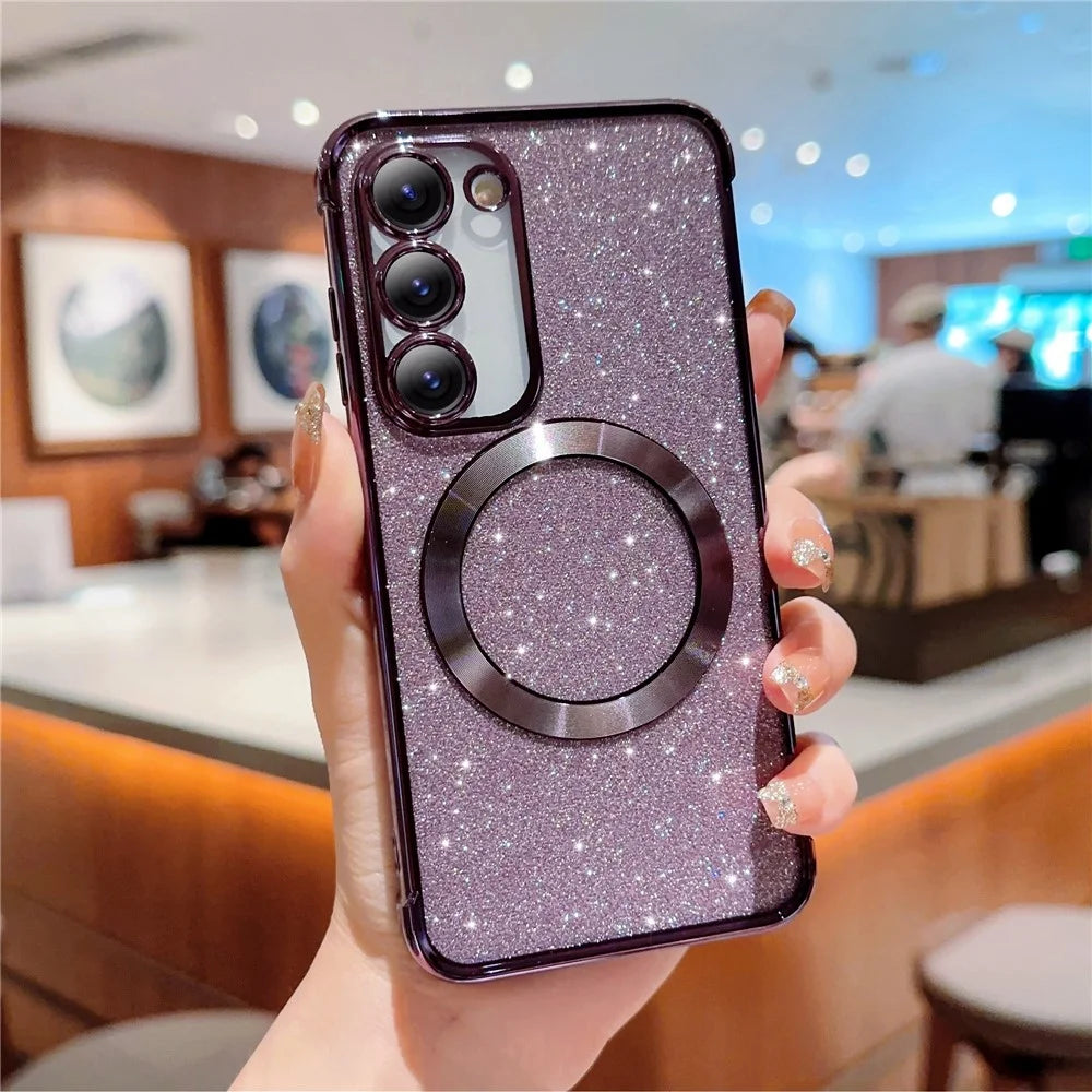 For Samsung Galaxy S23 Case Electroplating Glitter TPU Clear Phone Cover Magnetic Case - Dark Purple - 1