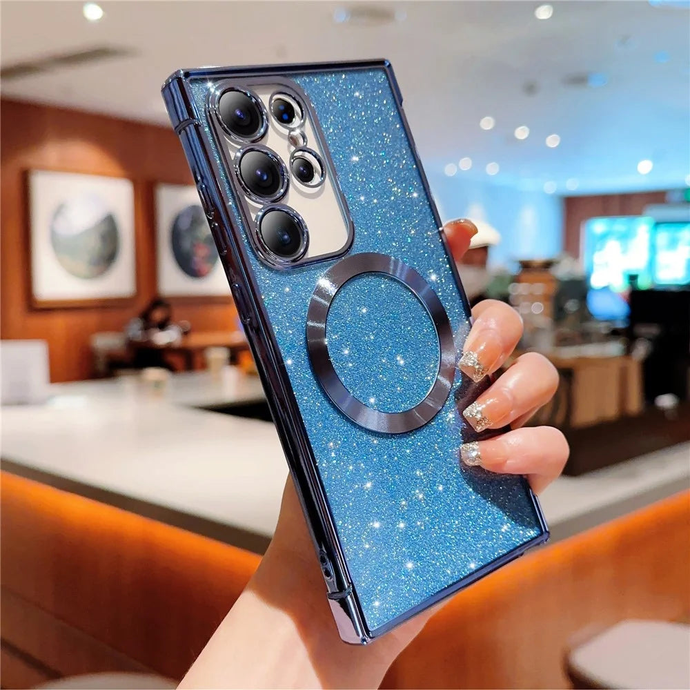 For Samsung Galaxy S23 Ultra Case Electroplating Glitter TPU Clear Phone Cover Magnetic Case - Blue - 1
