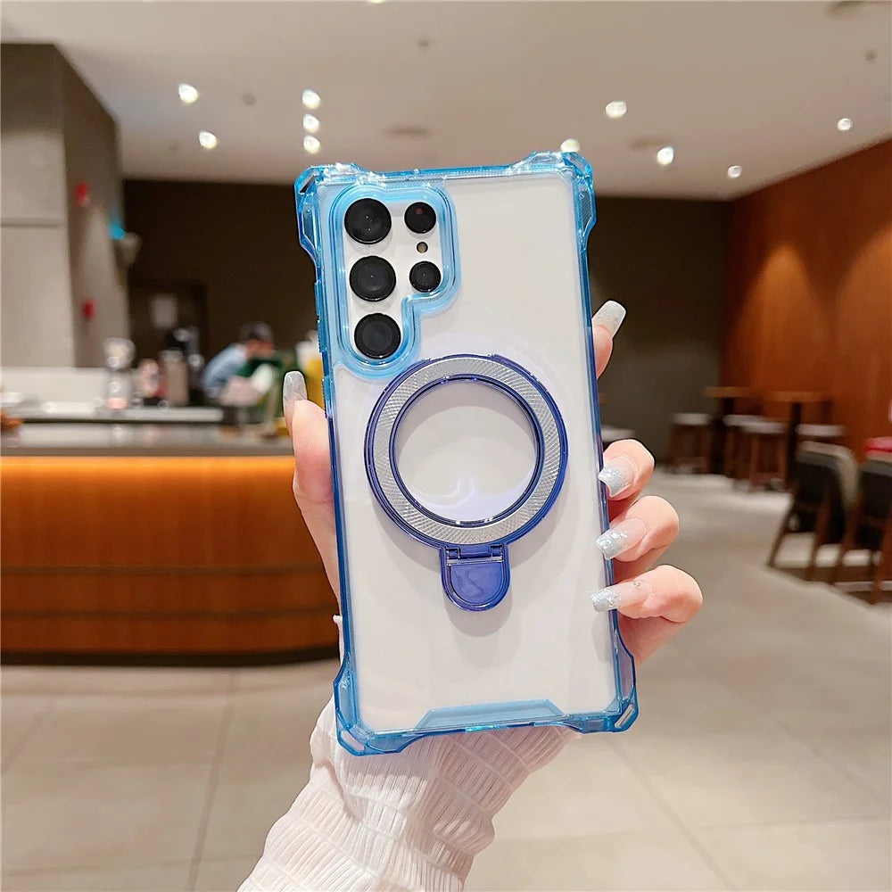 For Samsung Galaxy S23 Ultra Case Glitter Magnetic Kickstand Reinforced Corners Acrylic+TPU Phone Cover - Blue - 1