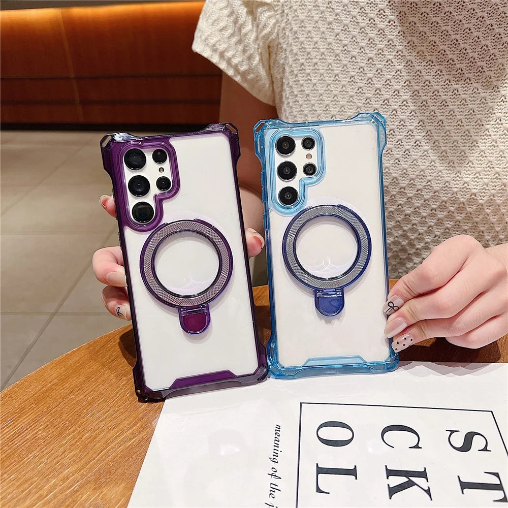For Samsung Galaxy S23 Ultra Case Glitter Magnetic Kickstand Reinforced Corners Acrylic+TPU Phone Cover - Blue - 3