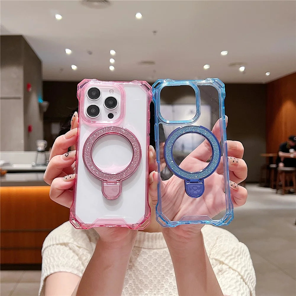 For iPhone 16 Pro Case Glitter Magnetic Kickstand Reinforced Corners Acrylic+TPU Phone Cover - Pink - 7