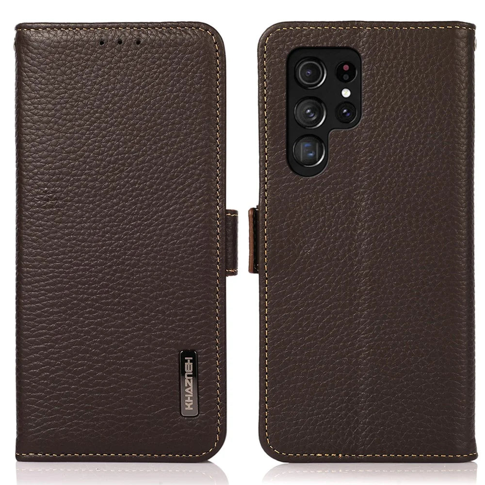 KHAZNEH For Samsung Galaxy S25 Ultra Phone Case Genuine Cow Leather Cover RFID Blocking - Brown - 1