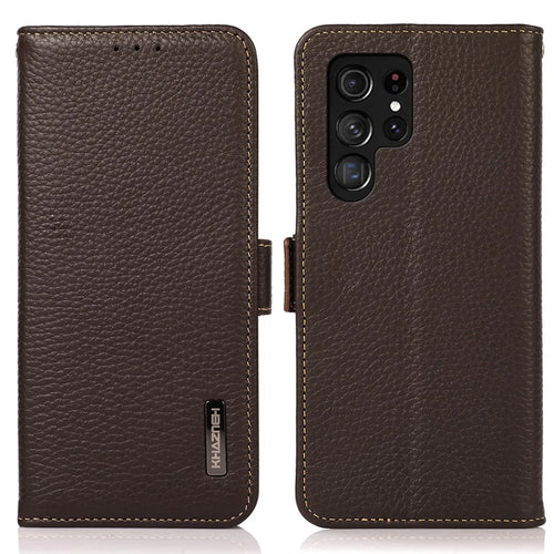 KHAZNEH For Samsung Galaxy S25 Ultra Phone Case Genuine Cow Leather Cover RFID Blocking - Brown - 1