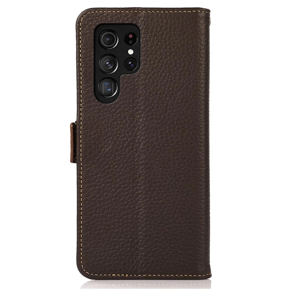 KHAZNEH For Samsung Galaxy S25 Ultra Phone Case Genuine Cow Leather Cover RFID Blocking - Brown - 7