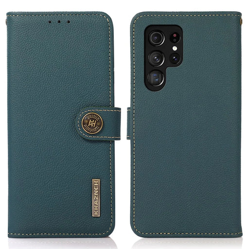 KHAZNEH For Samsung Galaxy S25 Ultra Case Genuine Cow Leather RFID Blocking Wallet Phone Cover - Green - 1