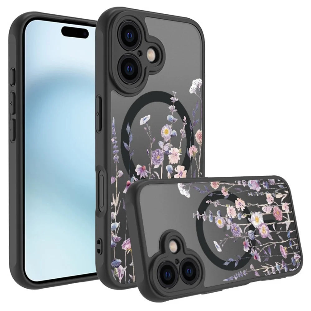 For iPhone 16 Case Compatible with MagSafe Flower Printing Pattern Anti-Drop TPU+PC Phone Cover - 1