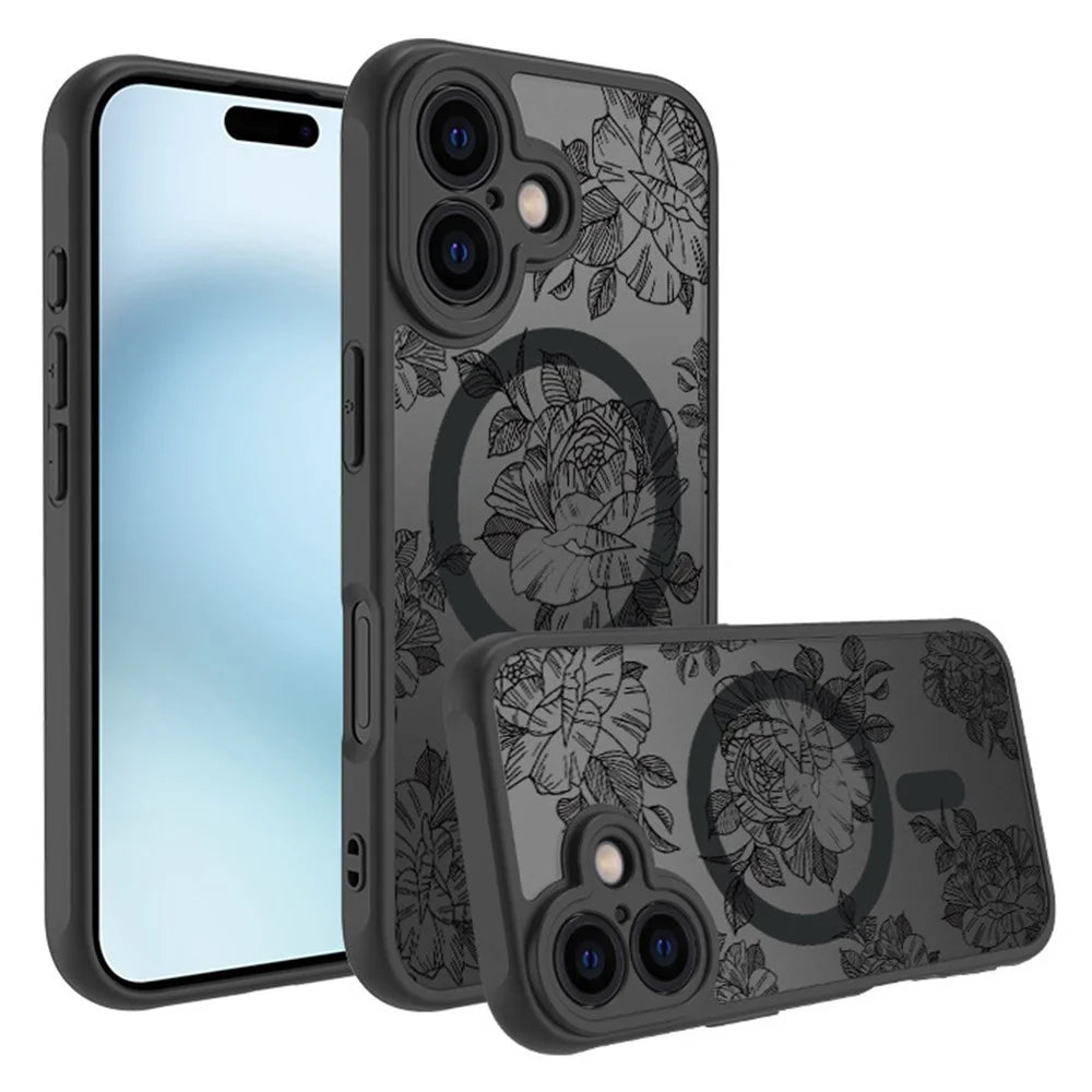 For iPhone 16 Case Compatible with MagSafe Clear Floral Pattern Matte Anti-Drop TPU+PC Phone Cover - 1