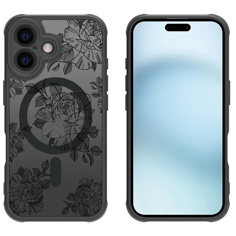 For iPhone 16 Case Compatible with MagSafe Clear Floral Pattern Matte Anti-Drop TPU+PC Phone Cover - 2