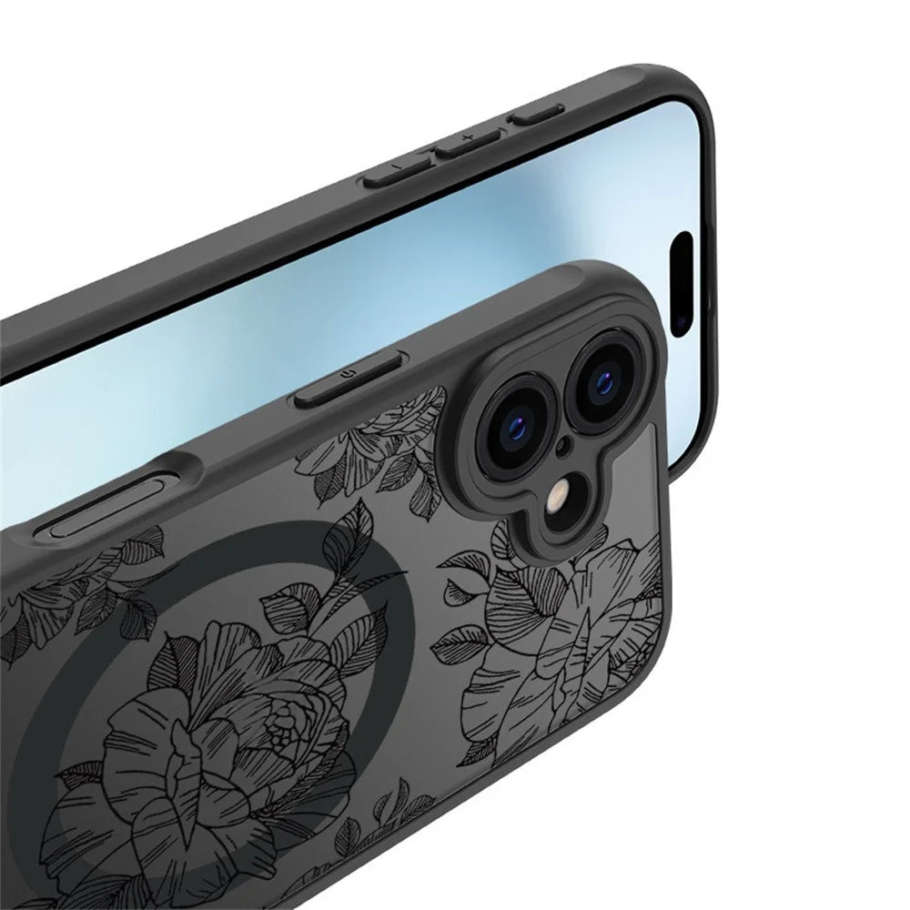 For iPhone 16 Case Compatible with MagSafe Clear Floral Pattern Matte Anti-Drop TPU+PC Phone Cover - 4
