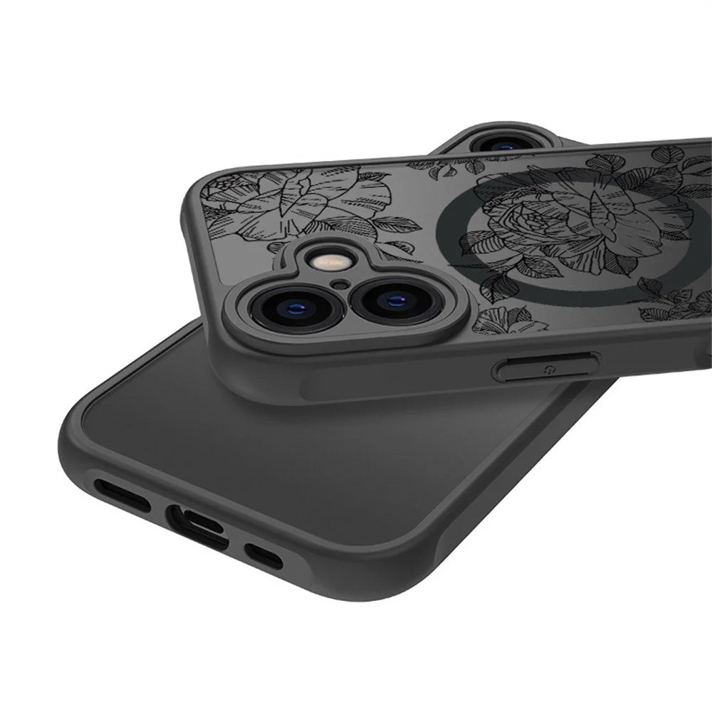 For iPhone 16 Case Compatible with MagSafe Clear Floral Pattern Matte Anti-Drop TPU+PC Phone Cover - 5