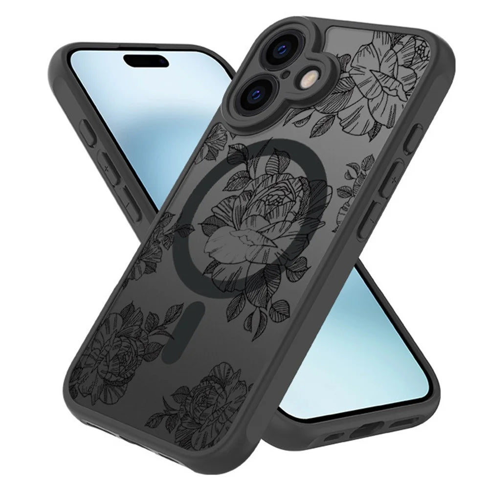 For iPhone 16 Plus Case Compatible with MagSafe Clear Floral Pattern Matte Anti-Drop TPU+PC Phone Cover - 3