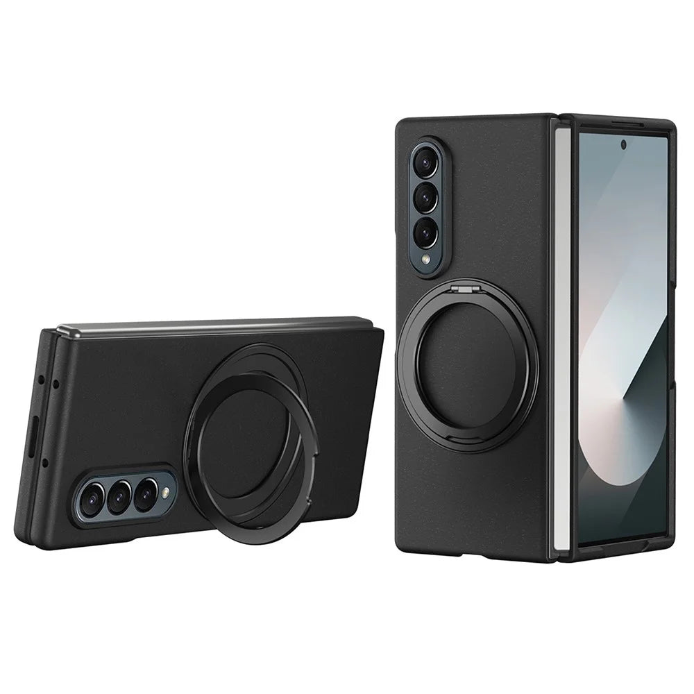 For Samsung Galaxy Z Fold3 5G Magnetic Case Ring Kickstand Hard PC Cover with Tempered Glass Screen Film - Black - 1
