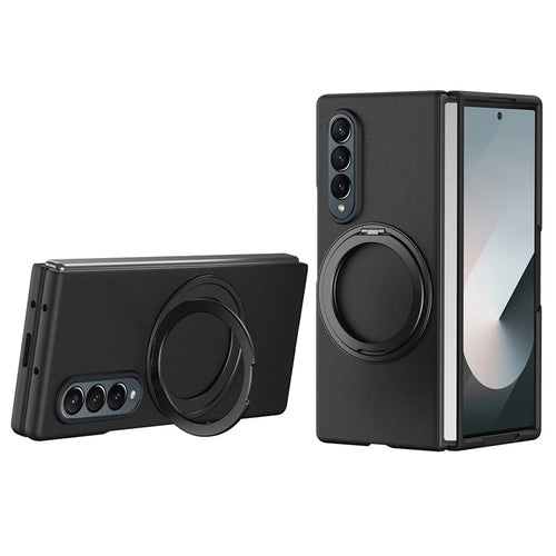 For Samsung Galaxy Z Fold3 5G Magnetic Case Ring Kickstand Hard PC Cover with Tempered Glass Screen Film - Black - 1