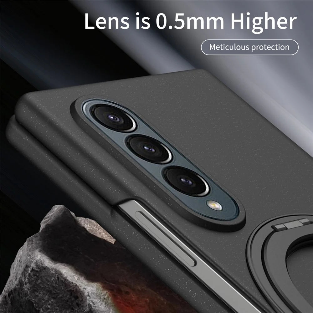 For Samsung Galaxy Z Fold3 5G Magnetic Case Ring Kickstand Hard PC Cover with Tempered Glass Screen Film - Black - 4