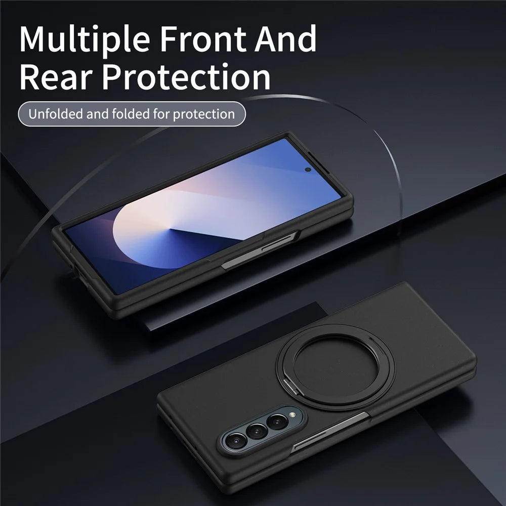 For Samsung Galaxy Z Fold3 5G Magnetic Case Ring Kickstand Hard PC Cover with Tempered Glass Screen Film - Black - 5
