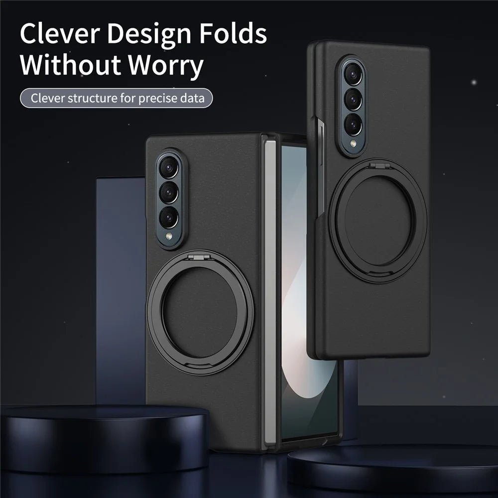 For Samsung Galaxy Z Fold4 5G Magnetic Case Ring Kickstand Hard PC Cover with Tempered Glass Screen Film - Black - 7