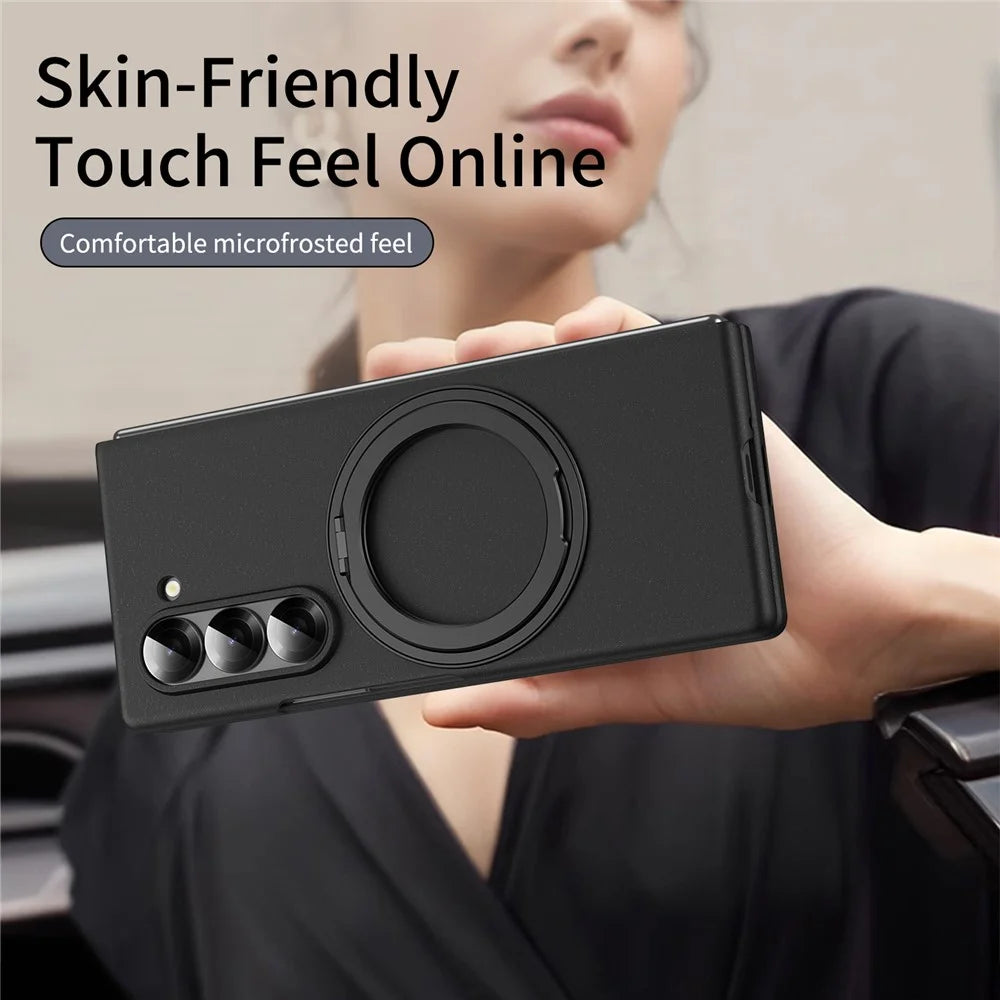 For Samsung Galaxy Z Fold5 5G Magnetic Case Ring Kickstand Hard PC Cover with Tempered Glass Screen Film - Black - 3