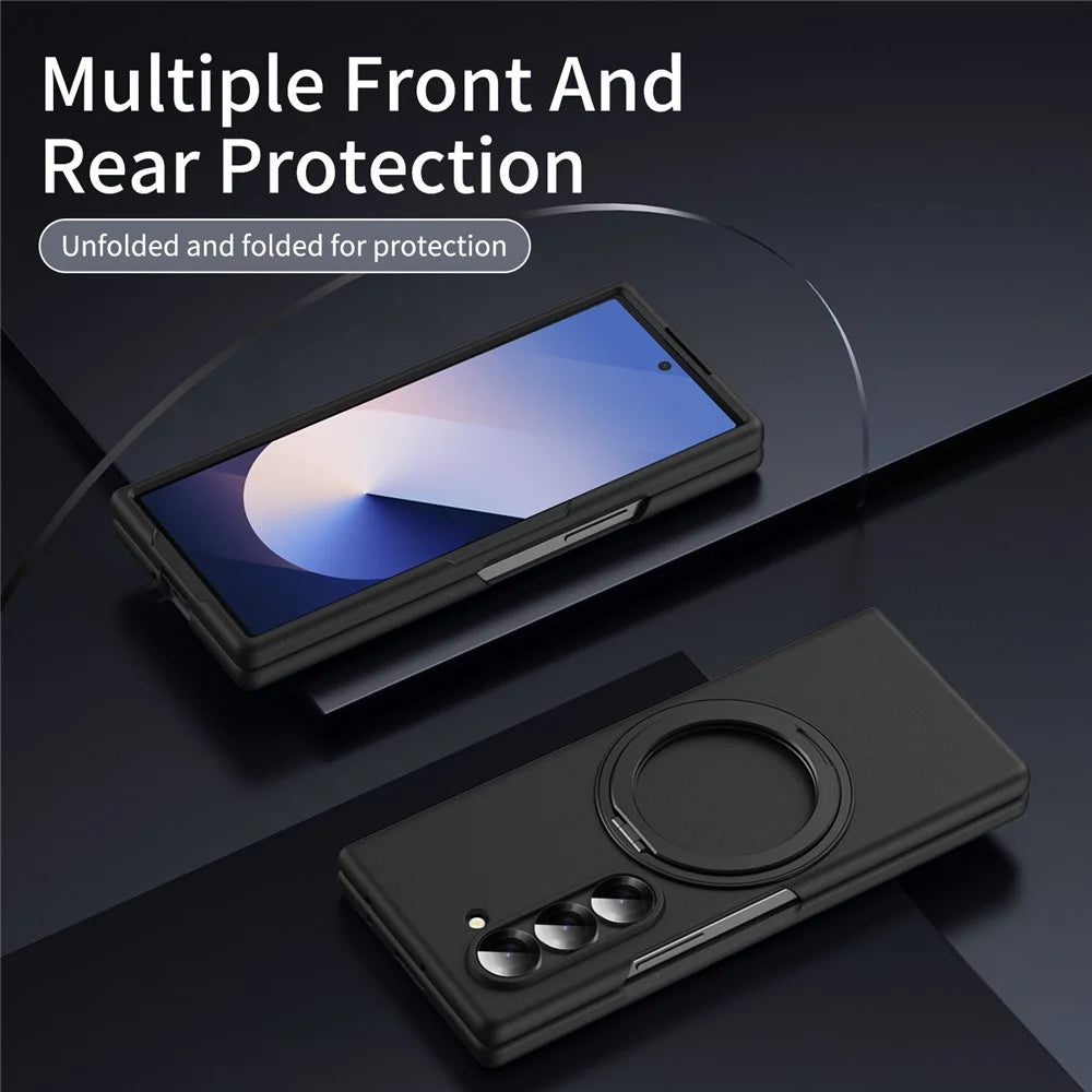 For Samsung Galaxy Z Fold5 5G Magnetic Case Ring Kickstand Hard PC Cover with Tempered Glass Screen Film - Black - 5