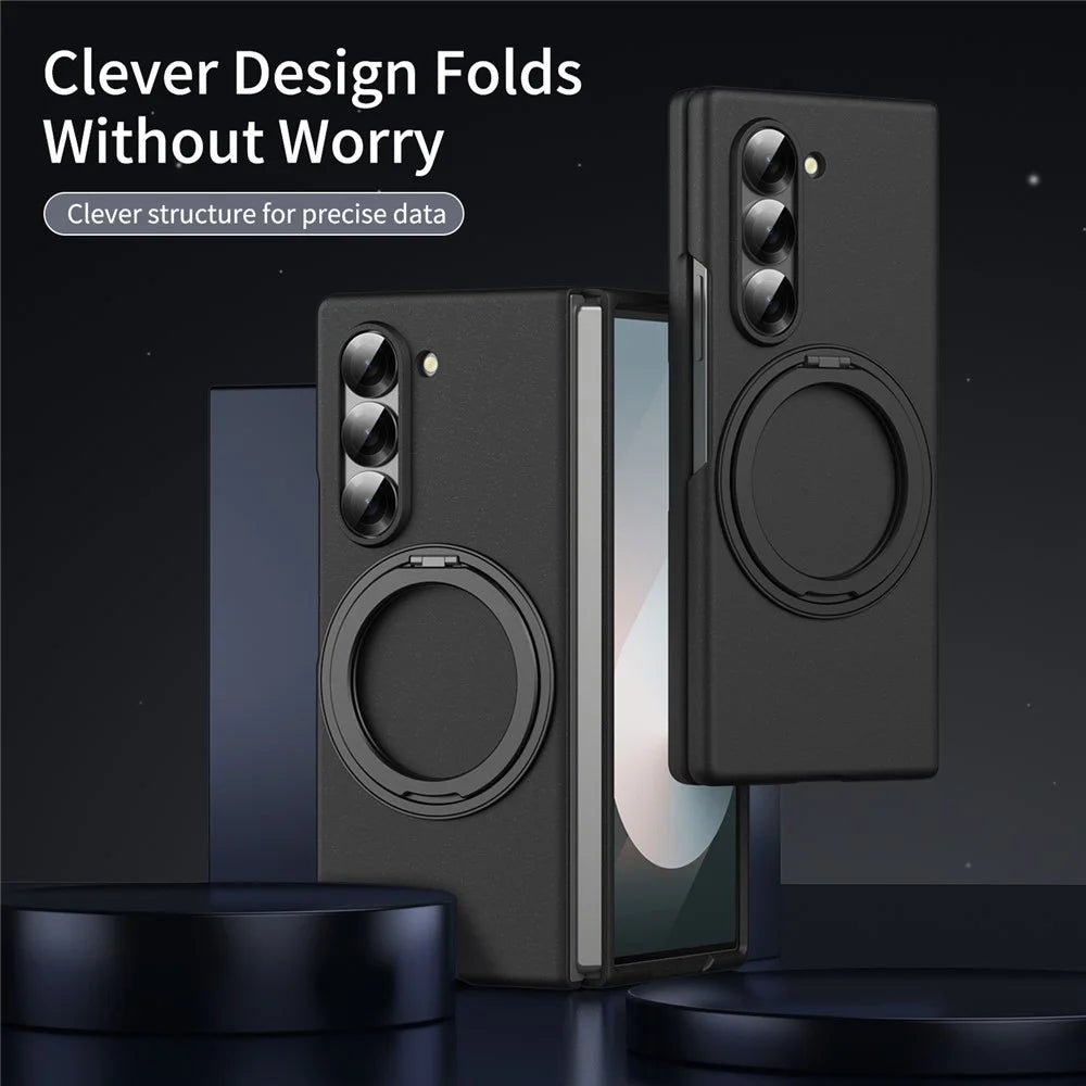 For Samsung Galaxy Z Fold5 5G Magnetic Case Ring Kickstand Hard PC Cover with Tempered Glass Screen Film - Black - 7