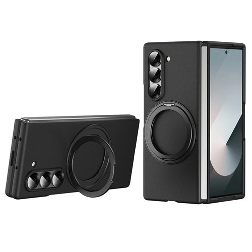 For Samsung Galaxy Z Fold6 5G Magnetic Case Ring Kickstand Hard PC Cover with Tempered Glass Screen Film - Black - 1