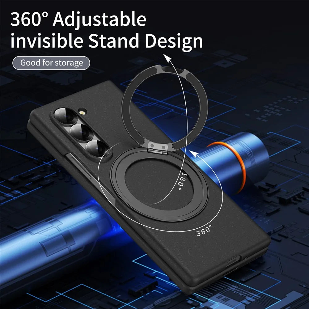 For Samsung Galaxy Z Fold6 5G Magnetic Case Ring Kickstand Hard PC Cover with Tempered Glass Screen Film - Black - 6