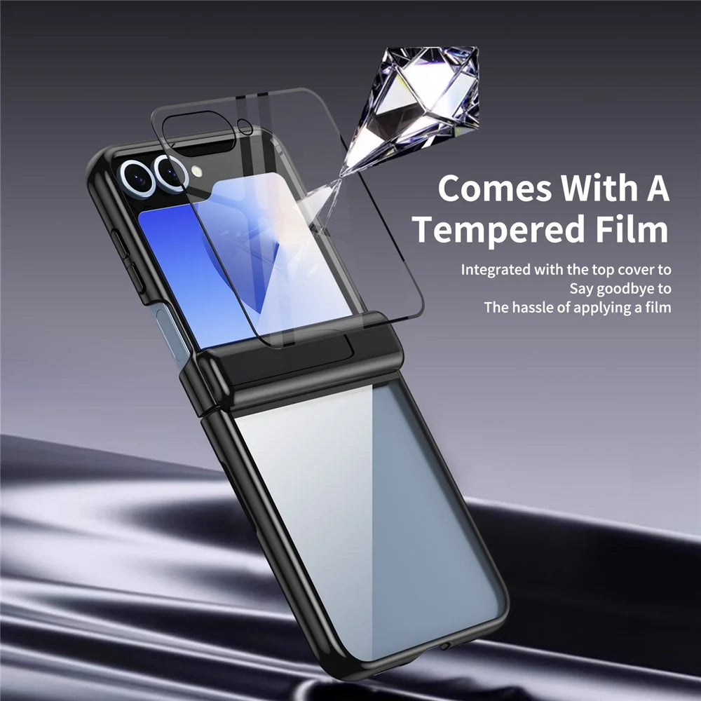 For Samsung Galaxy Z Flip5 5G Case with Rear Screen Film Hinge Protection Electroplating Clear PC Phone Cover - Black - 5