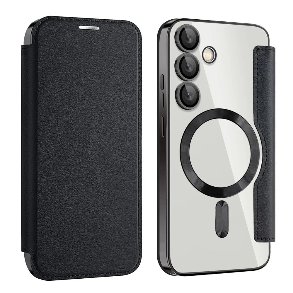 For Samsung Galaxy S24 FE Magnetic Case RFID Blocking Leather Phone Cover - Black - 1