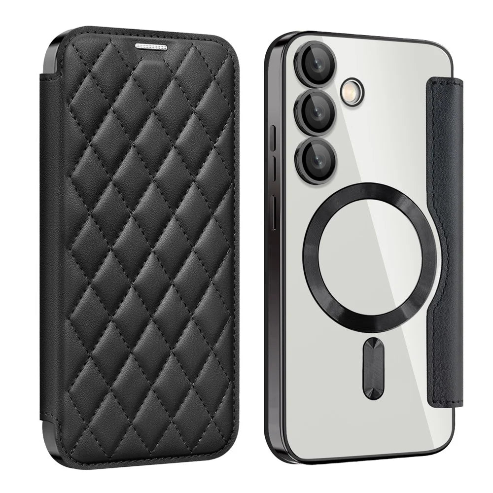For Samsung Galaxy S24 FE Magnetic Case Rhombus PU Leather Phone Cover - Black - 1