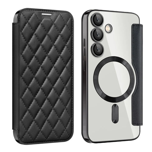 For Samsung Galaxy S24 FE Magnetic Case Rhombus PU Leather Phone Cover - Black - 1