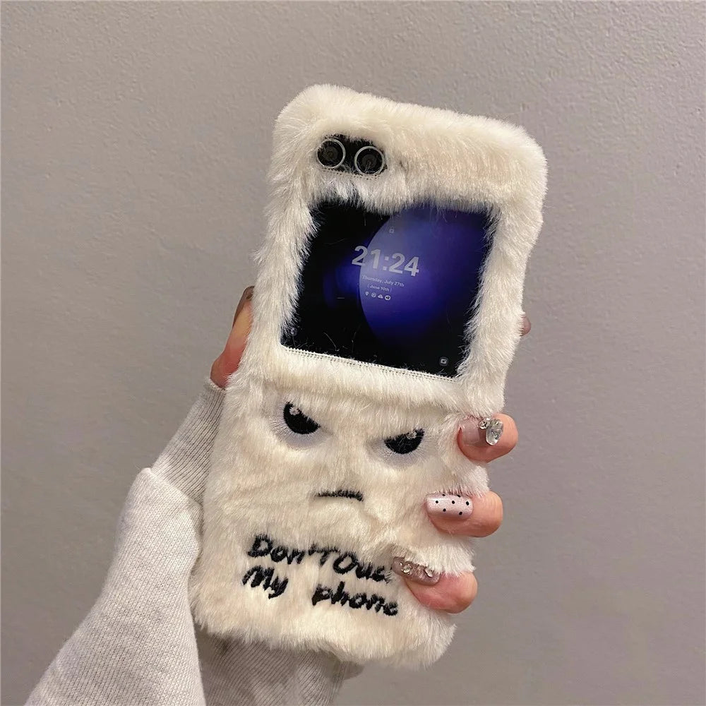 KJS-020 For Samsung Galaxy Z Flip7 FE 5G / Z Flip6 5G Case Humorous Face Soft Plush Hard PC Phone Cover - White - 4