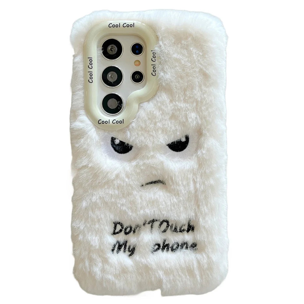 KJS-020 For Samsung Galaxy S24 Ultra Case Lens Kickstand Humorous Face Warm Fluffy TPU Phone Cover - White - 1